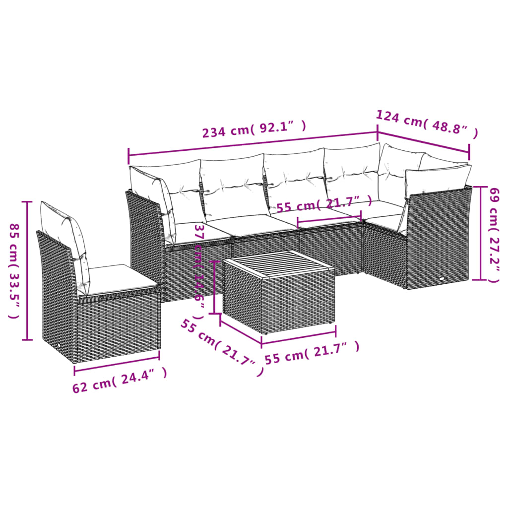 Set Divani da Giardino 7 pz con Cuscini Nero in Polyrattan