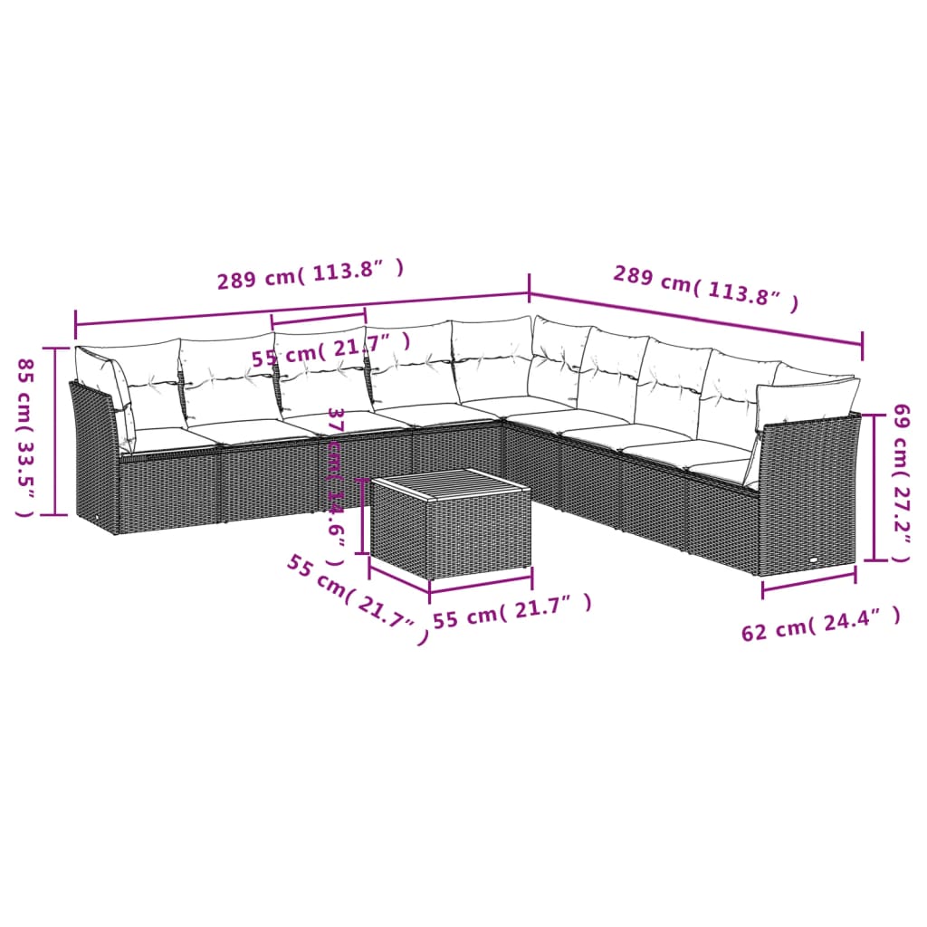 Set Divani da Giardino 10 pz con Cuscini Nero in Polyrattan