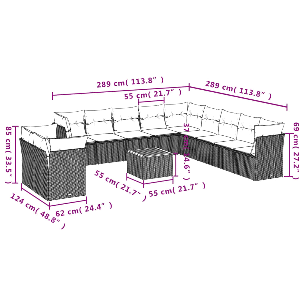 Set Divani da Giardino 12pz con Cuscini Nero in Polyrattan
