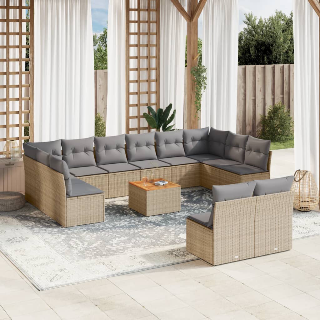 Set Divano da Giardino 13 pz con Cuscini Beige in Polyrattan