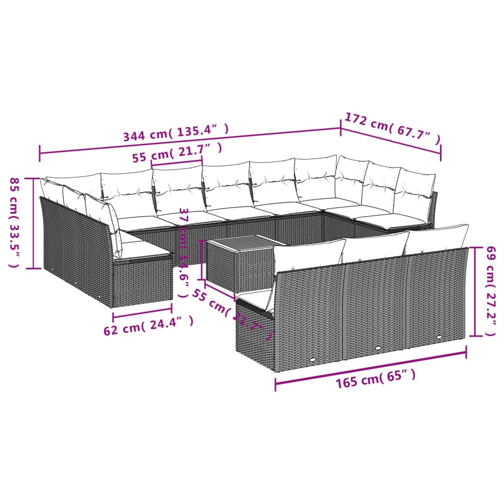 Set Divani da Giardino 14pz con Cuscini in Polyrattan Beige