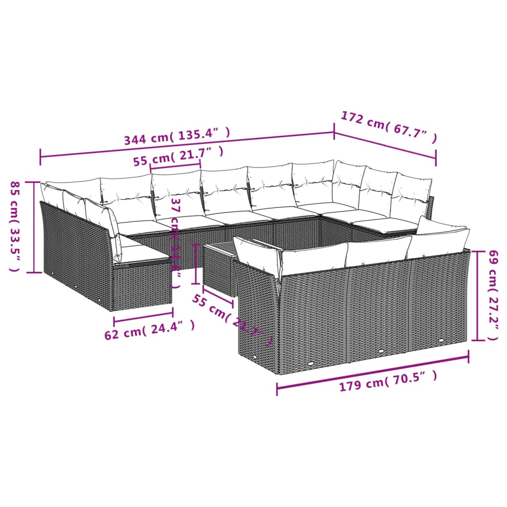 Set Divani da Giardino 14pz con Cuscini in Polyrattan Beige