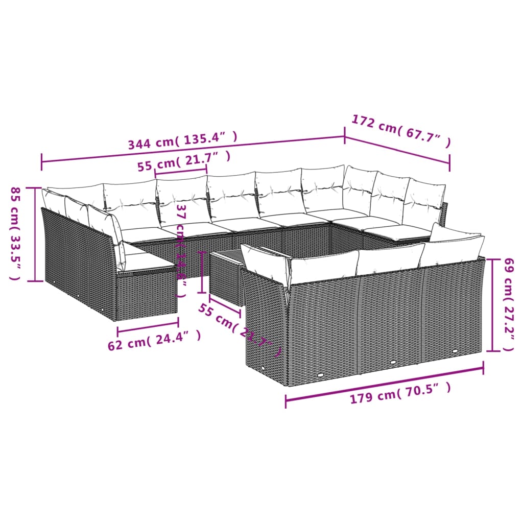 Set Divani da Giardino 14pz con Cuscini in Polyrattan Beige