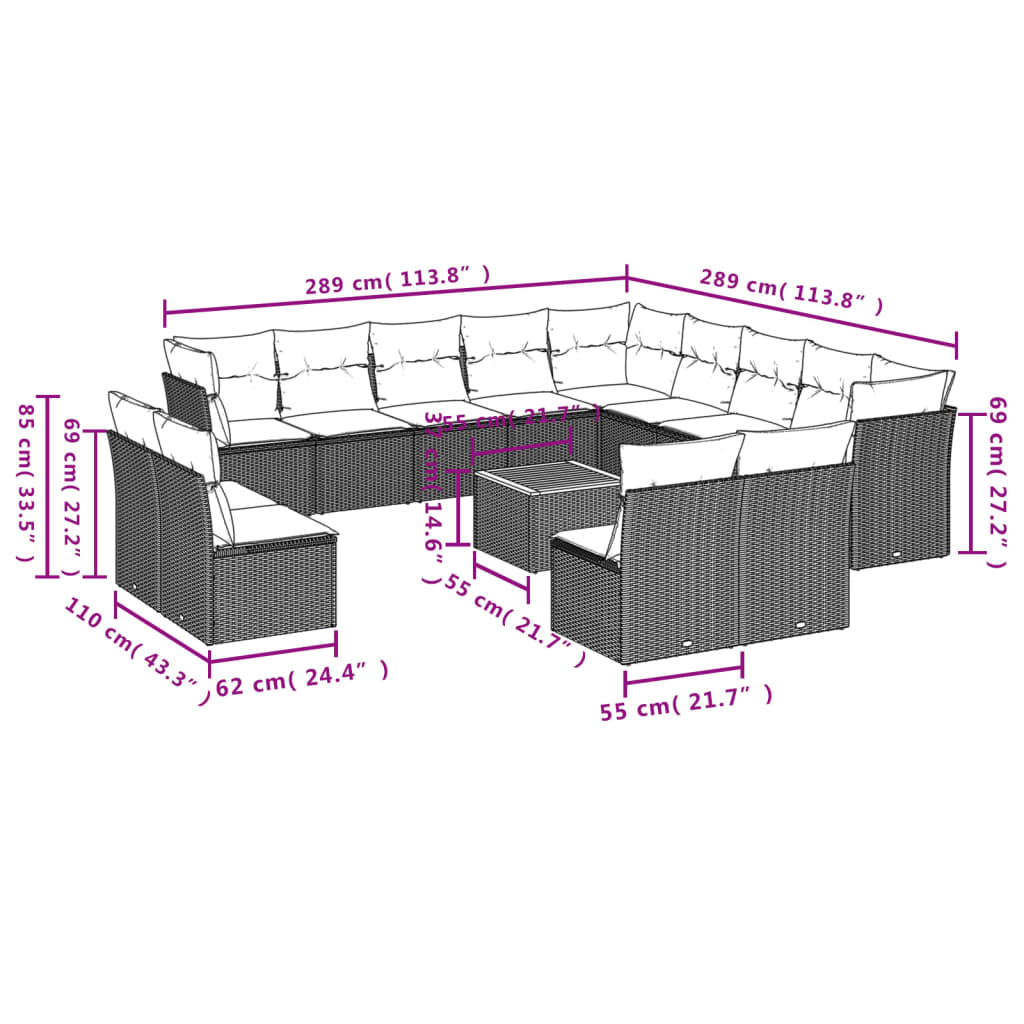 Set Divani da Giardino 14pz con Cuscini in Polyrattan Beige
