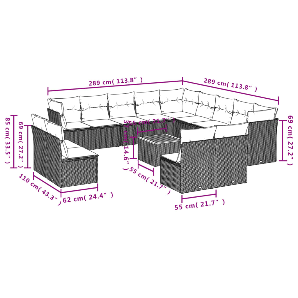 Set Divani da Giardino 14pz con Cuscini in Polyrattan Grigio
