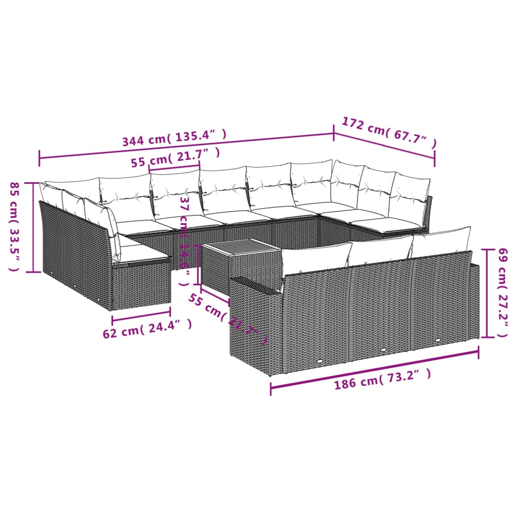 Set Divani da Giardino 14pz con Cuscini in Polyrattan Beige