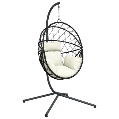 Sedia a Uovo Sospesa con Supporto Beige in Polyrattan e Acciaio