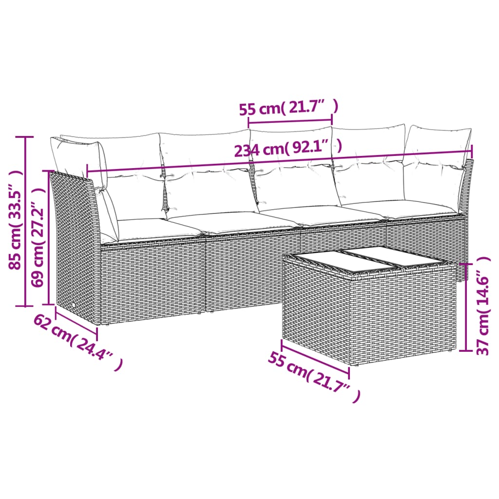Set Divani da Giardino 5 pz con Cuscini Grigio in Polyrattan