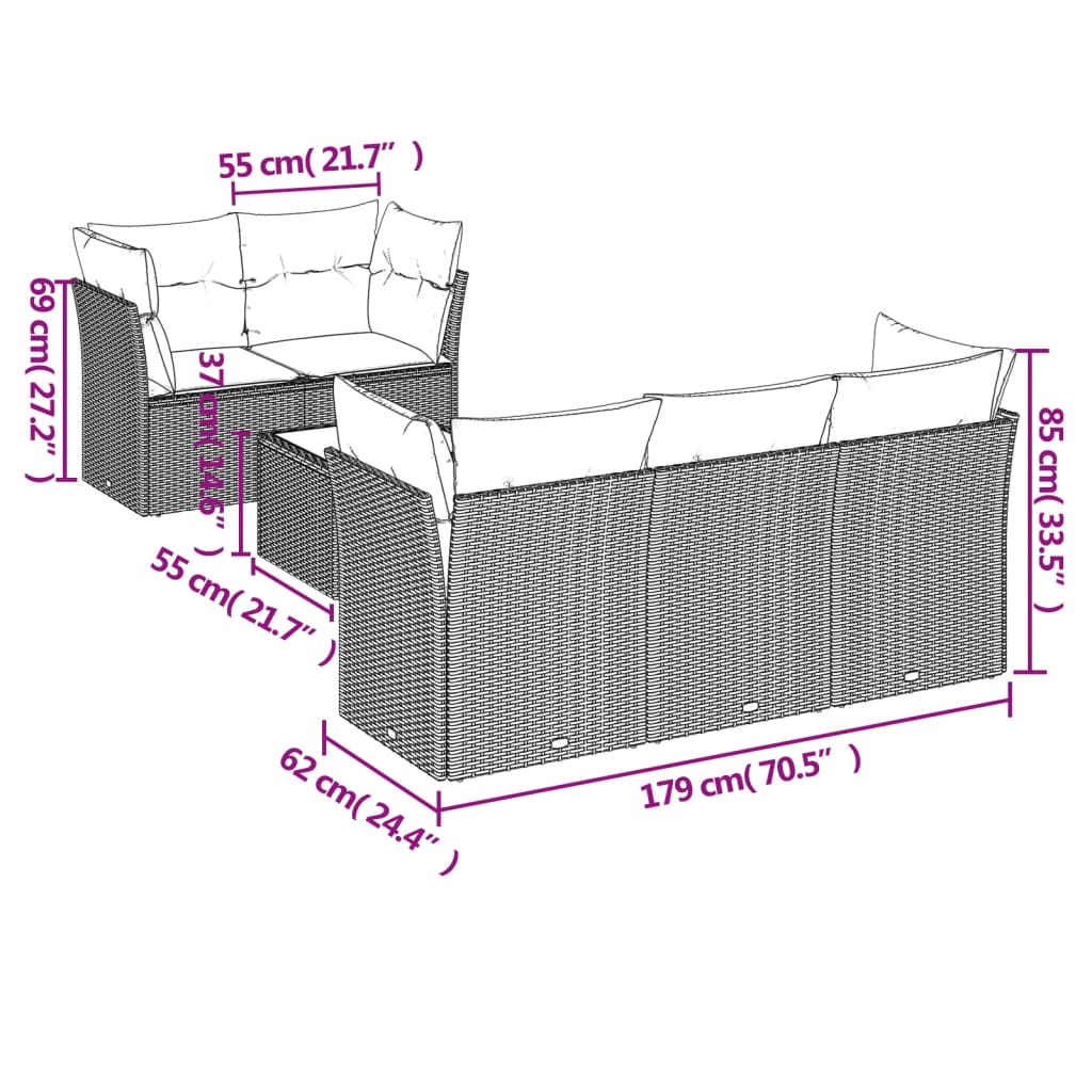Set Divani da Giardino 6 pz con Cuscini Grigio in Polyrattan