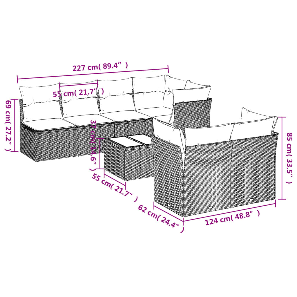 Set Divani da Giardino 8 pz con Cuscini Grigio in Polyrattan