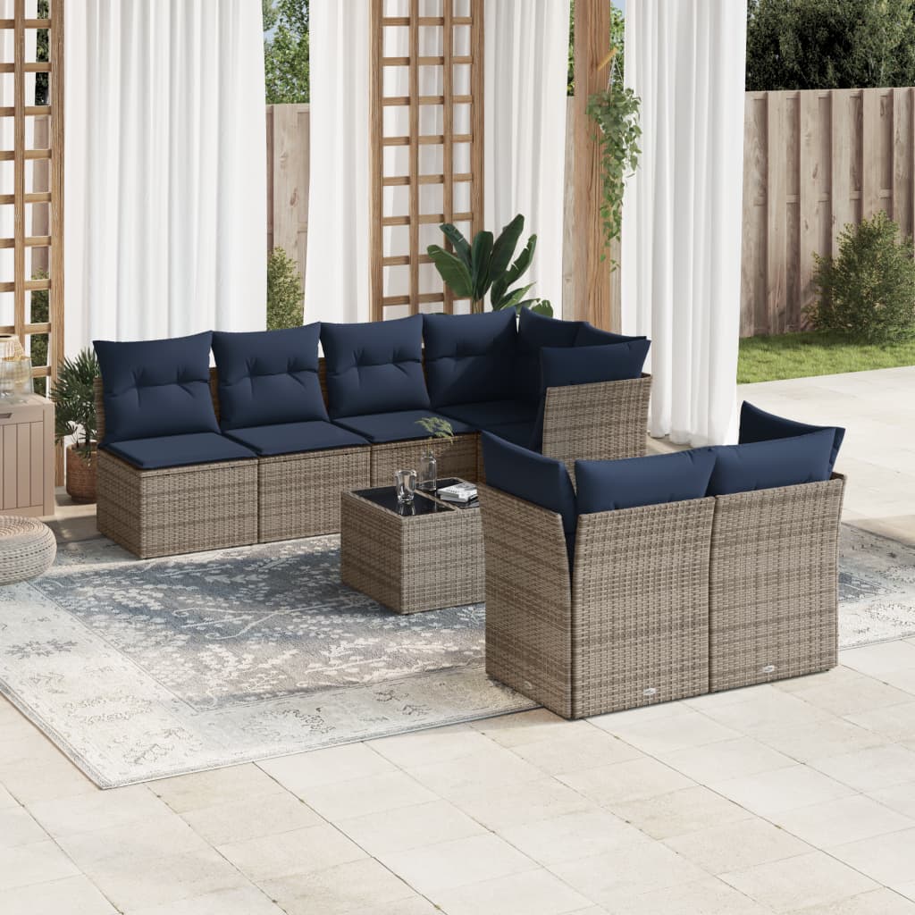 Set Divani da Giardino 8 pz con Cuscini Grigio in Polyrattan