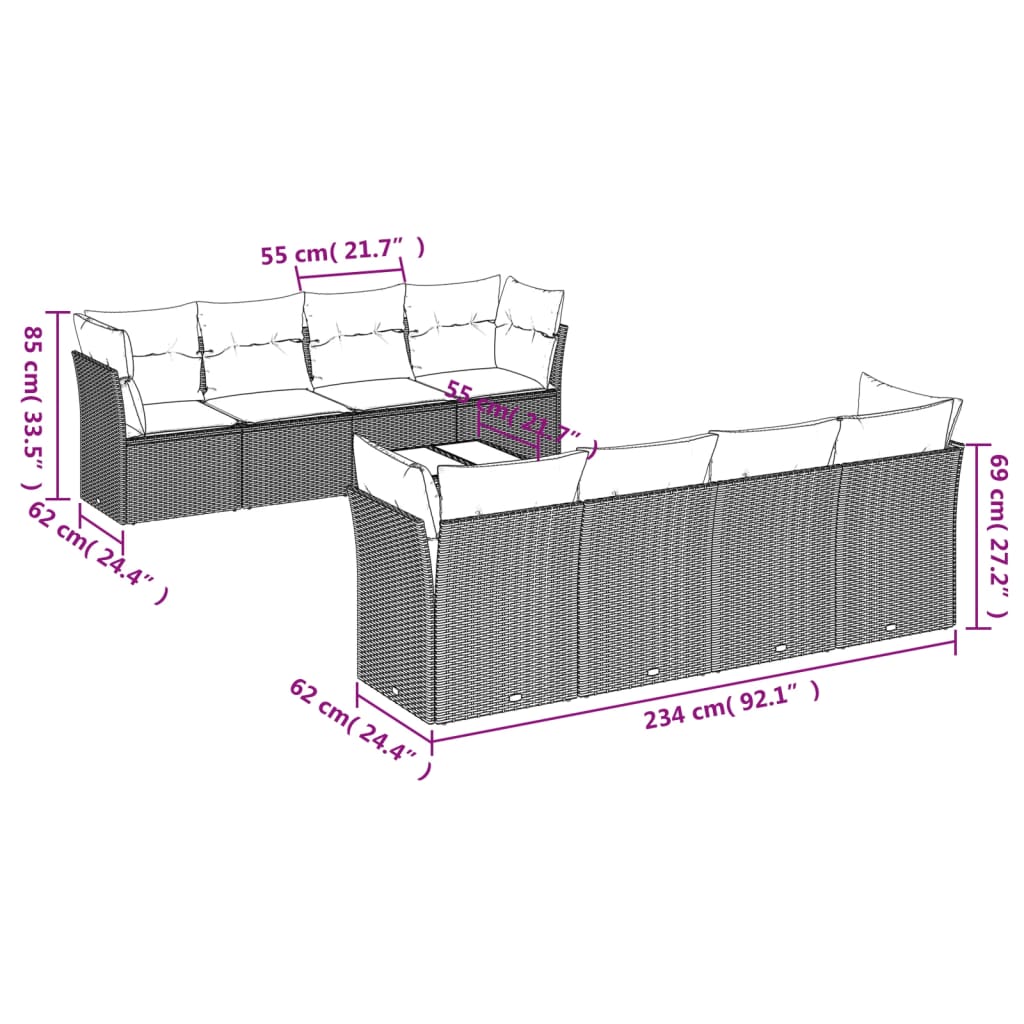 Set Divani da Giardino 9 pz con Cuscini Grigio in Polyrattan