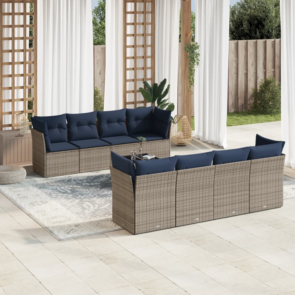 Set Divani da Giardino 9 pz con Cuscini Grigio in Polyrattan