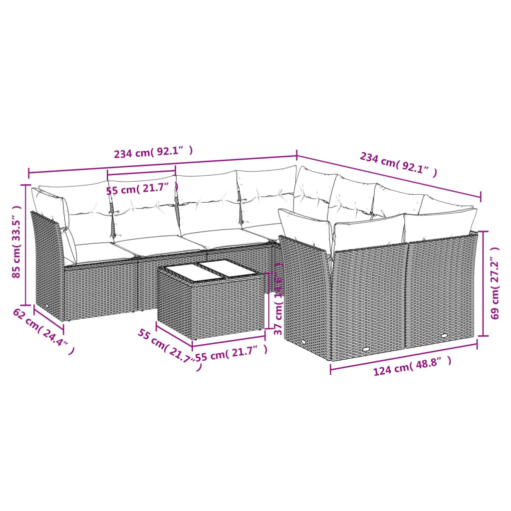 Set Divani da Giardino 9 pz con Cuscini Grigio in Polyrattan