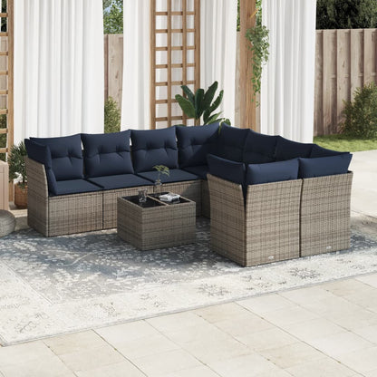Set Divani da Giardino 9 pz con Cuscini Grigio in Polyrattan