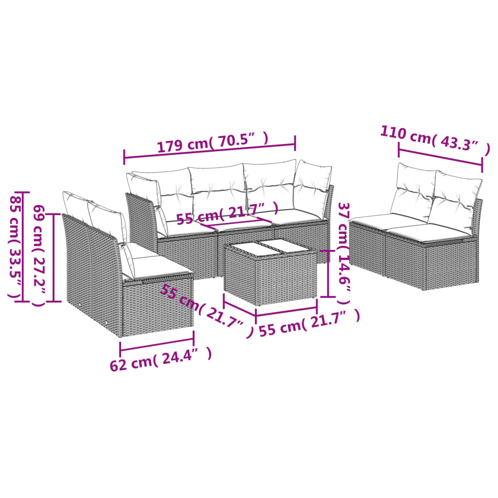 Set Divani da Giardino 8 pz con Cuscini Grigio in Polyrattan