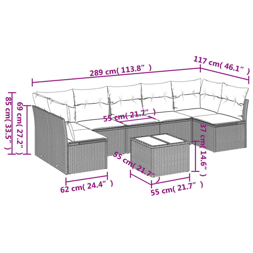 Set Divani da Giardino 8 pz con Cuscini Grigio in Polyrattan