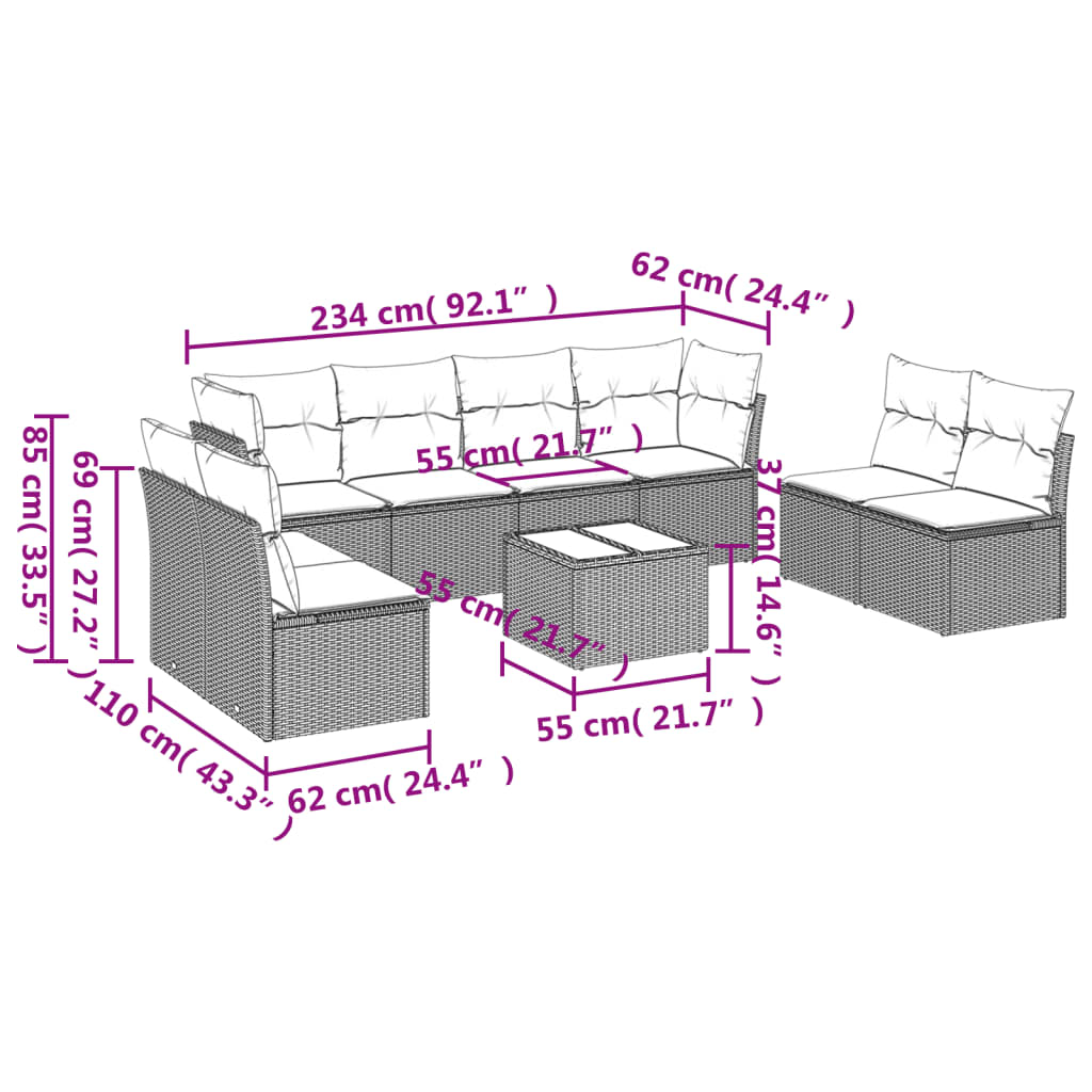 Set Divani da Giardino 9 pz con Cuscini Grigio in Polyrattan