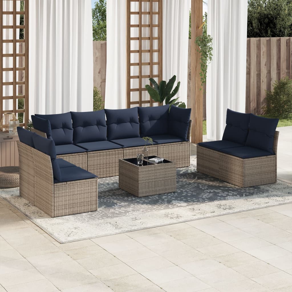 Set Divani da Giardino 9 pz con Cuscini Grigio in Polyrattan