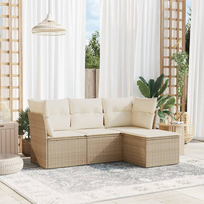 Set Divano da Giardino 4 pz con Cuscini Beige in Polyrattan
