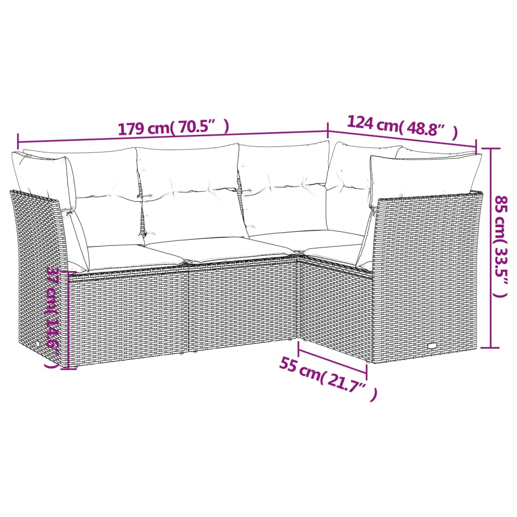 Set Divano da Giardino 4pz con Cuscini Grigio Chiaro Polyrattan
