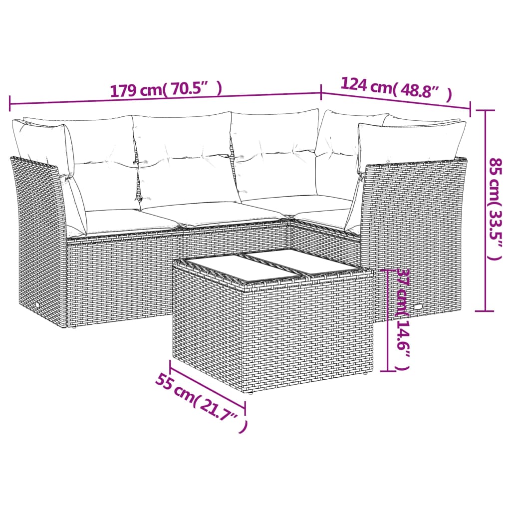 Set Divani da Giardino 5 pz con Cuscini Grigio in Polyrattan