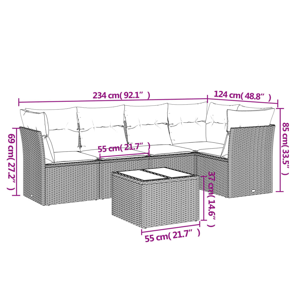 Set Divani da Giardino 6 pz con Cuscini Grigio in Polyrattan