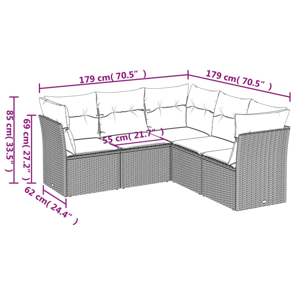 Set Divani da Giardino 5 pz con Cuscini Grigio in Polyrattan