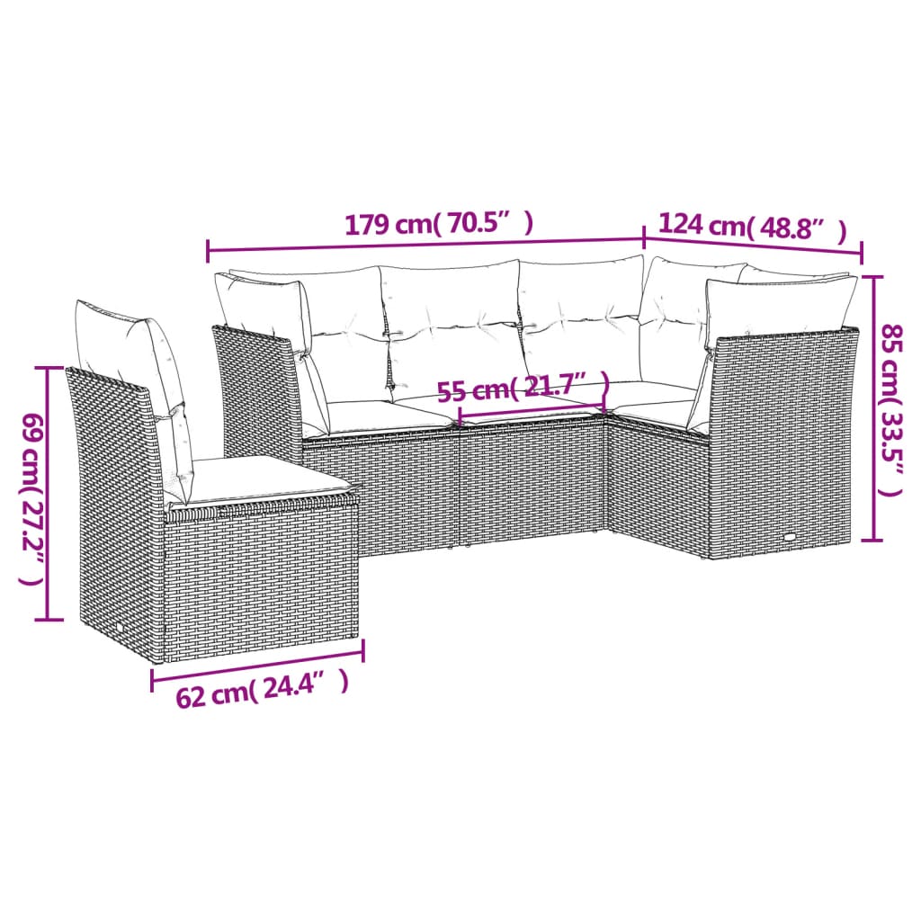 Set Divani da Giardino 5 pz con Cuscini Grigio in Polyrattan