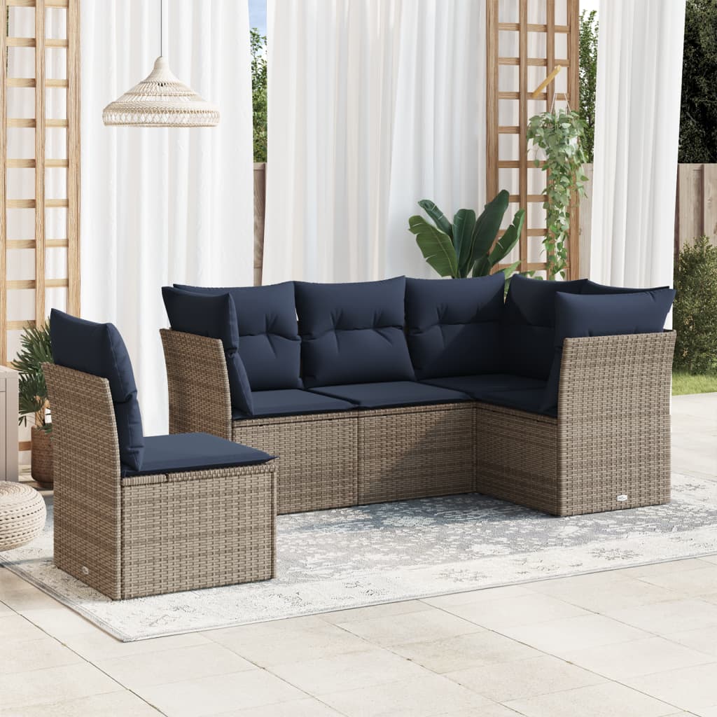 Set Divani da Giardino 5 pz con Cuscini Grigio in Polyrattan