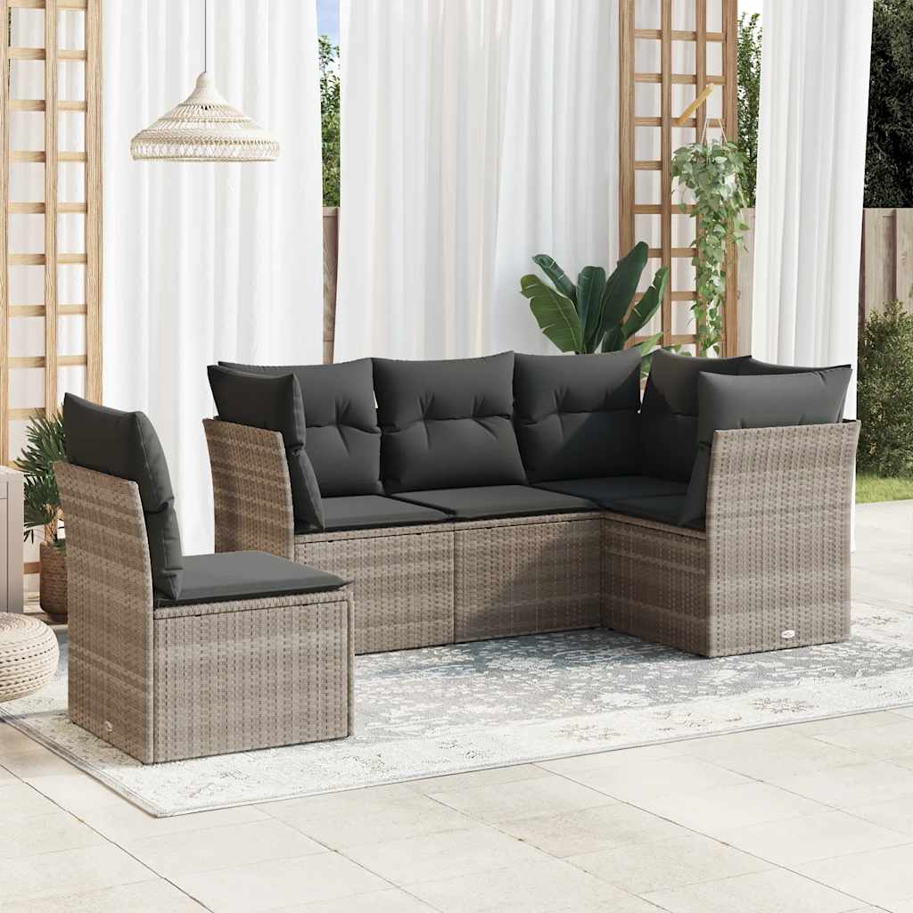 Set Divano da Giardino 5pz con Cuscini Grigio Chiaro Polyrattan