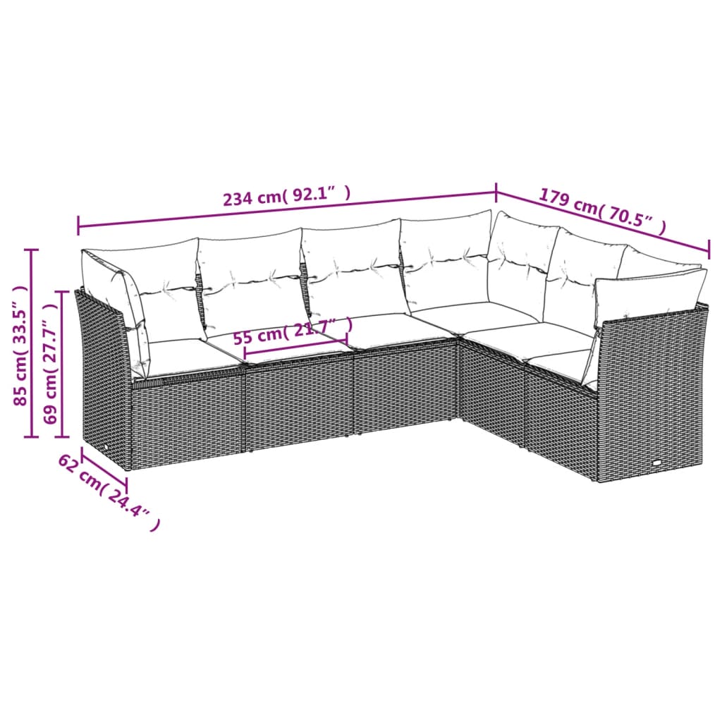Set Divani da Giardino 6 pz con Cuscini Grigio in Polyrattan