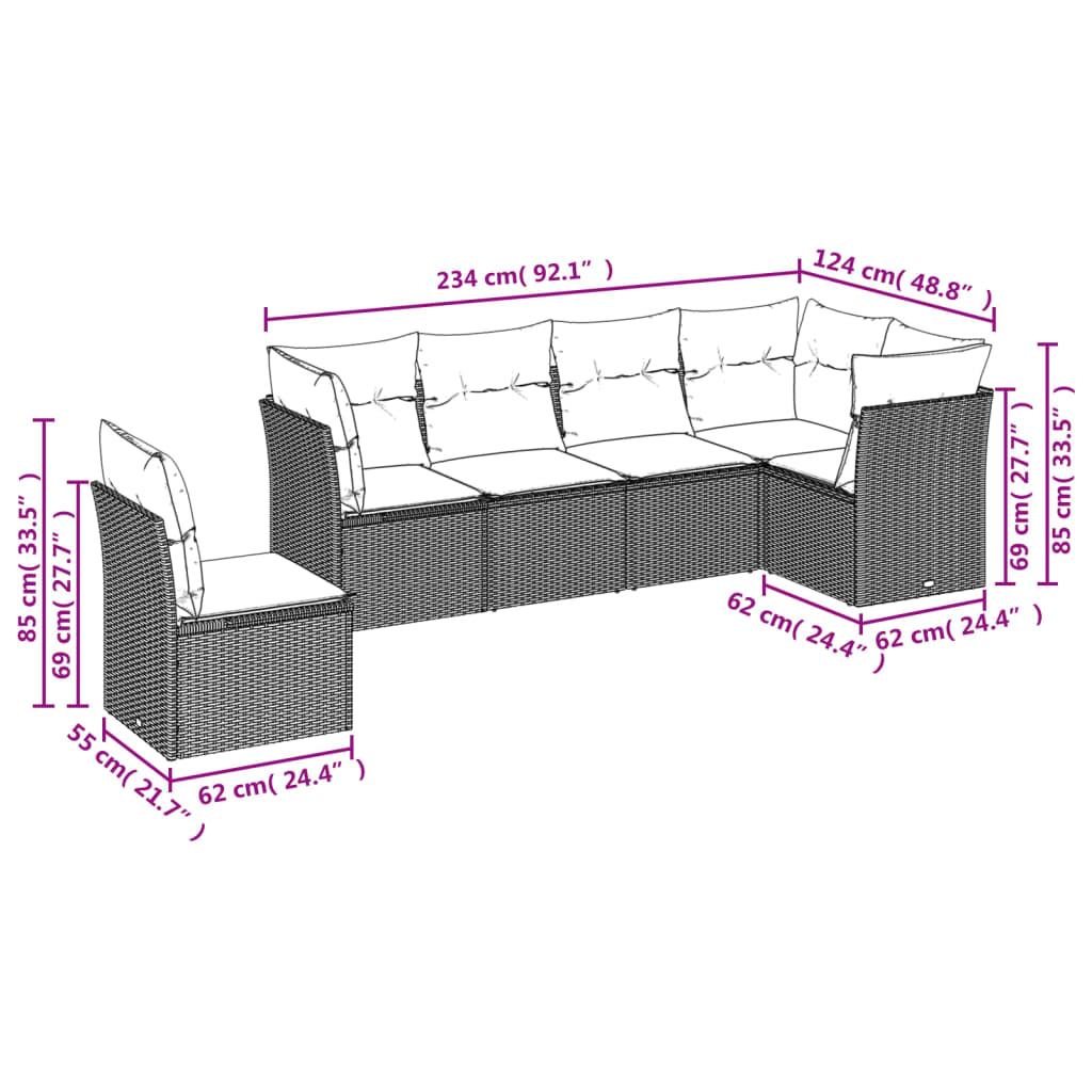 Set Divani da Giardino 6 pz con Cuscini Grigio in Polyrattan