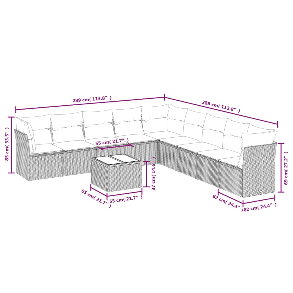 Set Divani da Giardino 10 pz con Cuscini Grigio in Polyrattan