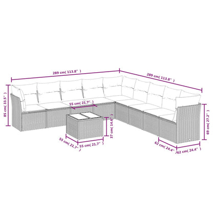 Set Divani da Giardino 10 pz con Cuscini Grigio in Polyrattan
