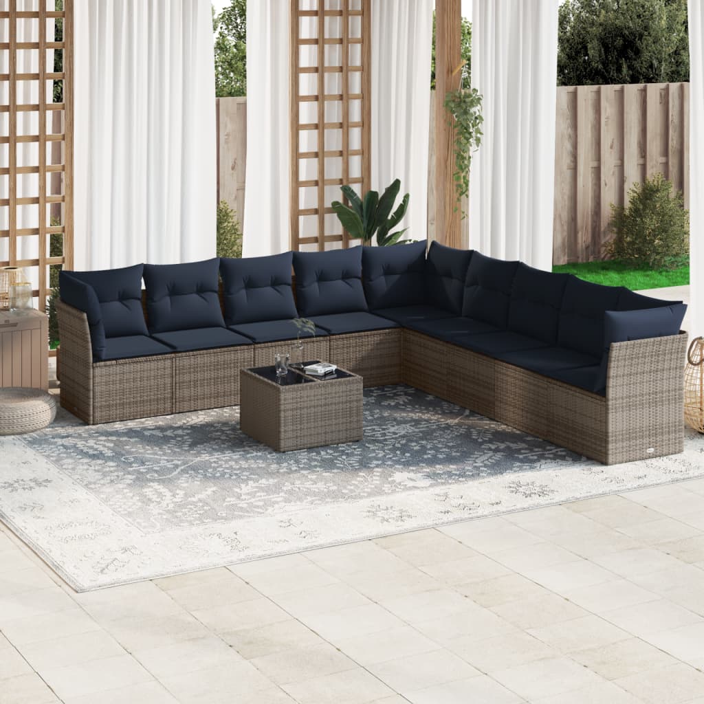 Set Divani da Giardino 10 pz con Cuscini Grigio in Polyrattan
