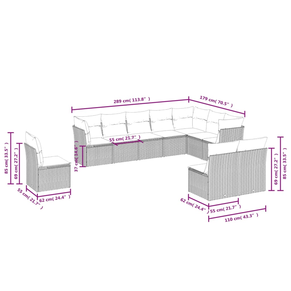 Set Divani da Giardino 10 pz con Cuscini Grigio in Polyrattan