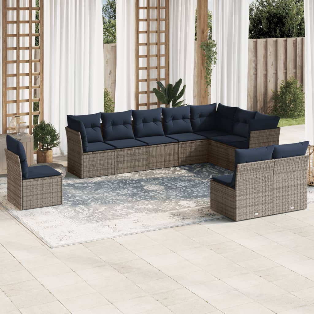 Set Divani da Giardino 10 pz con Cuscini Grigio in Polyrattan
