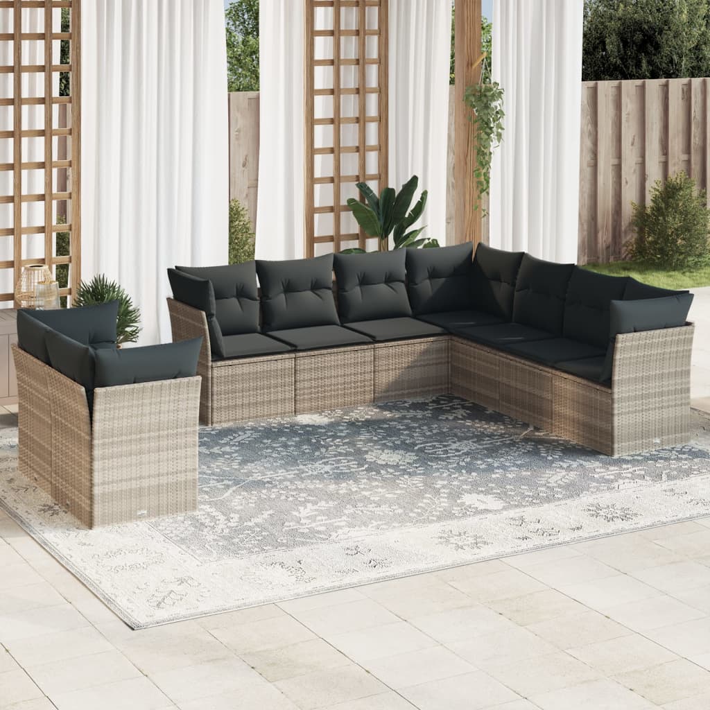 Set Divano da Giardino 9pz con Cuscini Grigio Chiaro Polyrattan