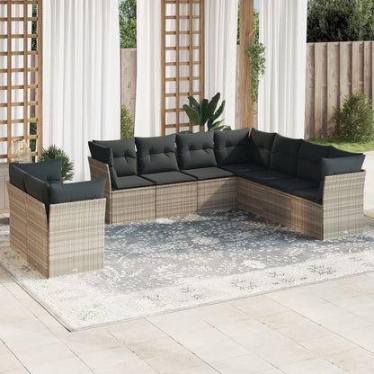 Set Divano da Giardino 9pz con Cuscini Grigio Chiaro Polyrattan