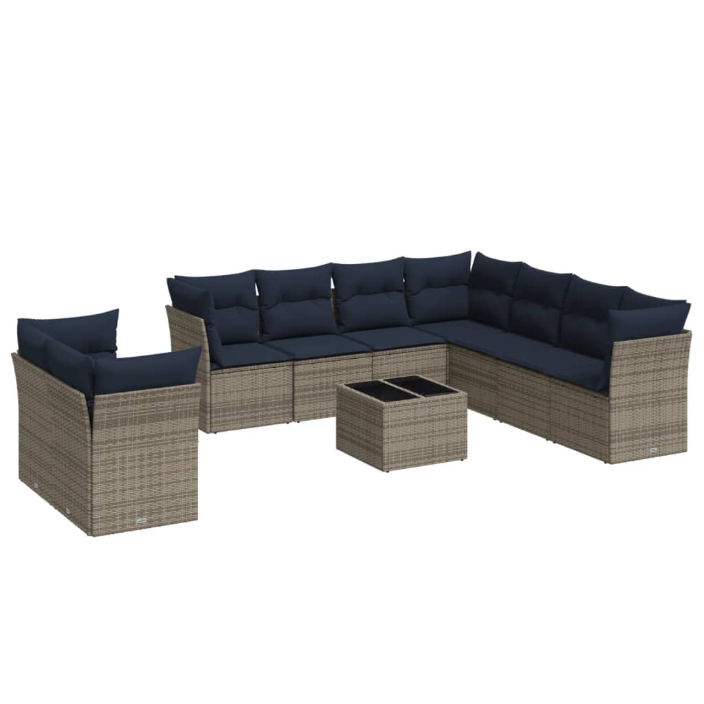 Set Divani da Giardino 10 pz con Cuscini Grigio in Polyrattan