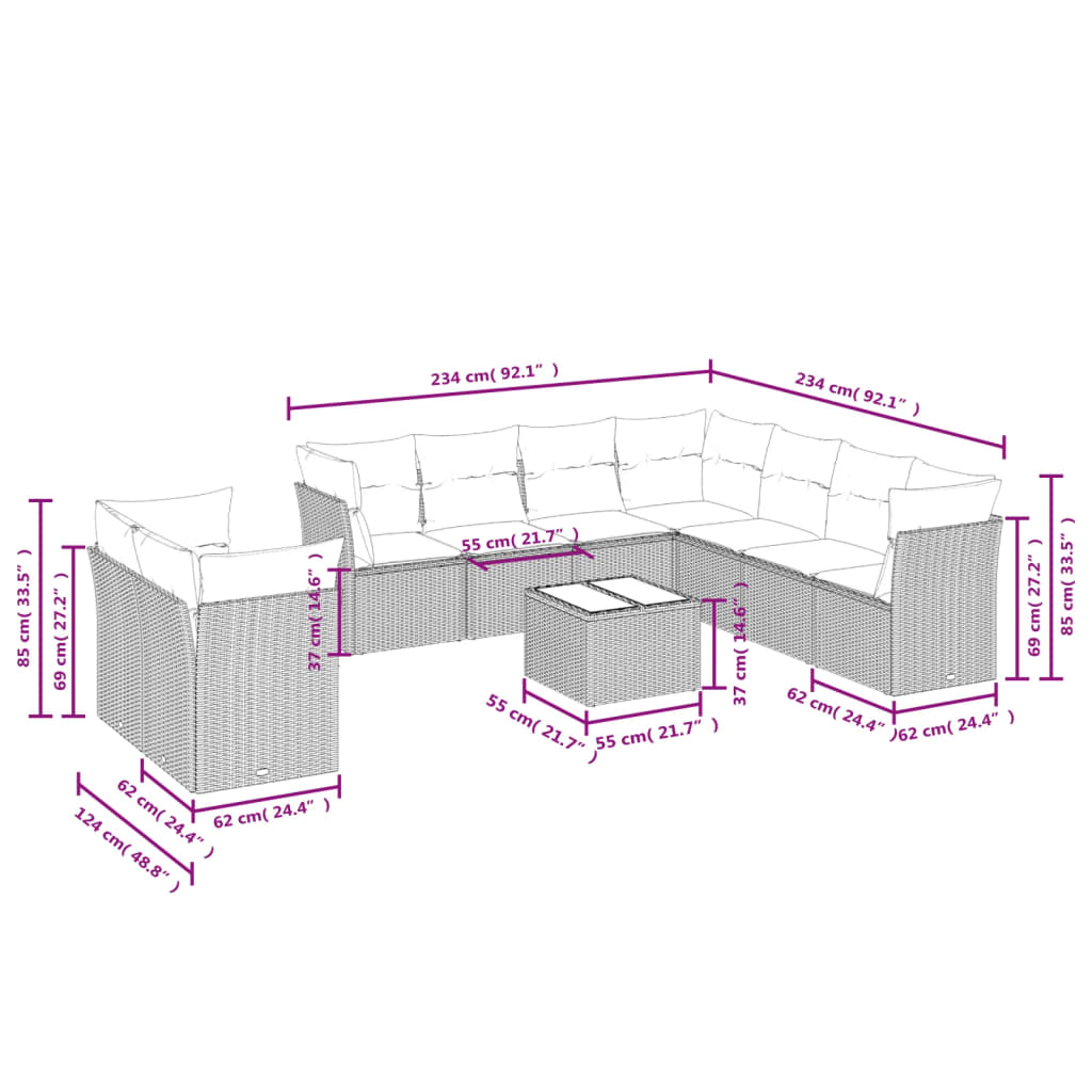 Set Divani da Giardino 10 pz con Cuscini Grigio in Polyrattan