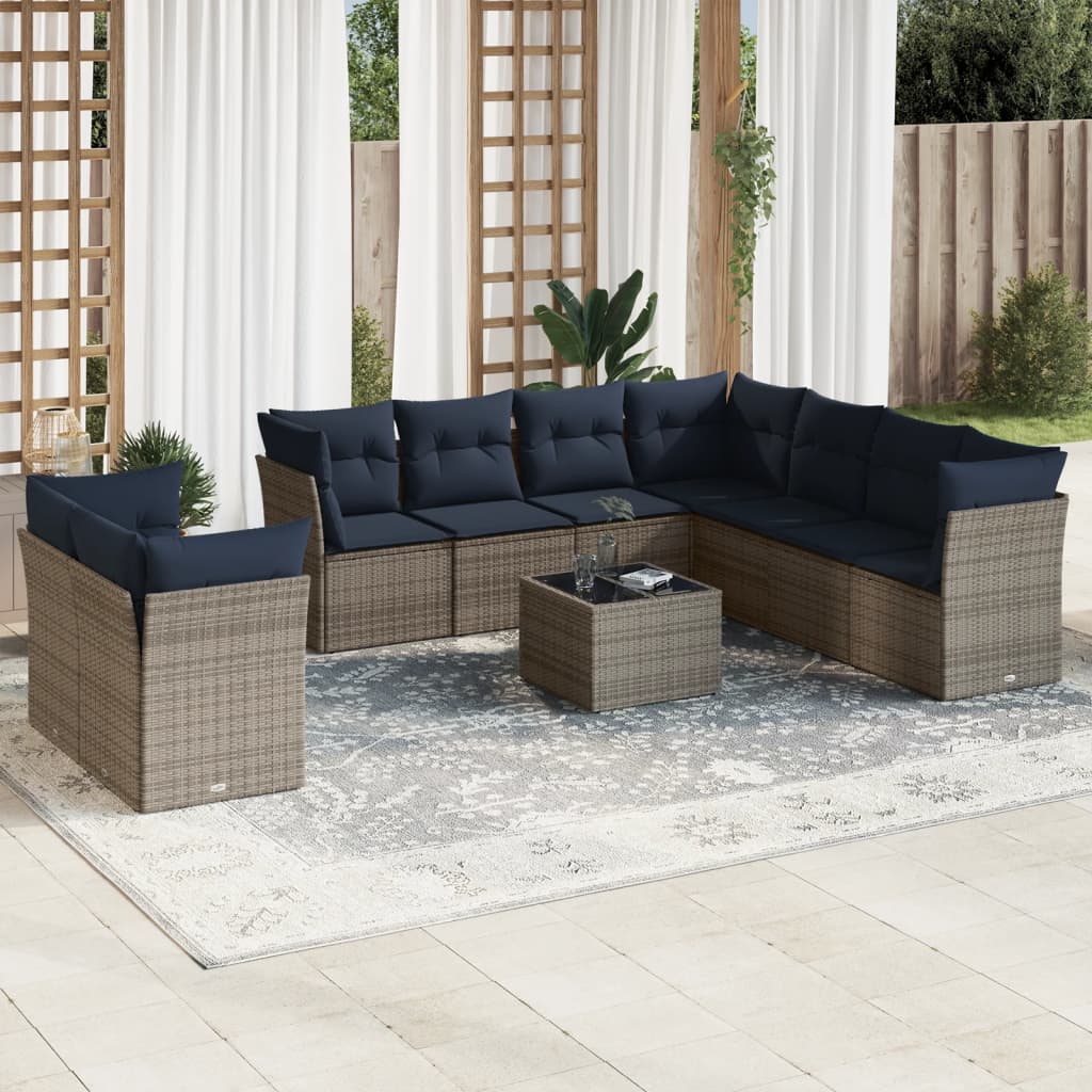 Set Divani da Giardino 10 pz con Cuscini Grigio in Polyrattan