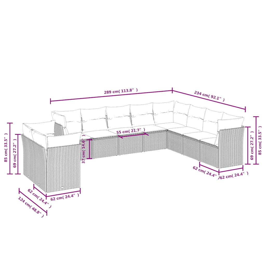Set Divani da Giardino 10 pz con Cuscini Grigio in Polyrattan