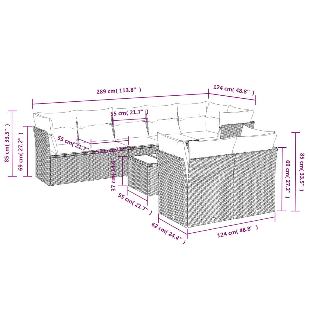 Set Divani da Giardino 9 pz con Cuscini Grigio in Polyrattan