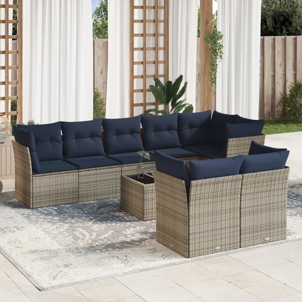 Set Divani da Giardino 9 pz con Cuscini Grigio in Polyrattan