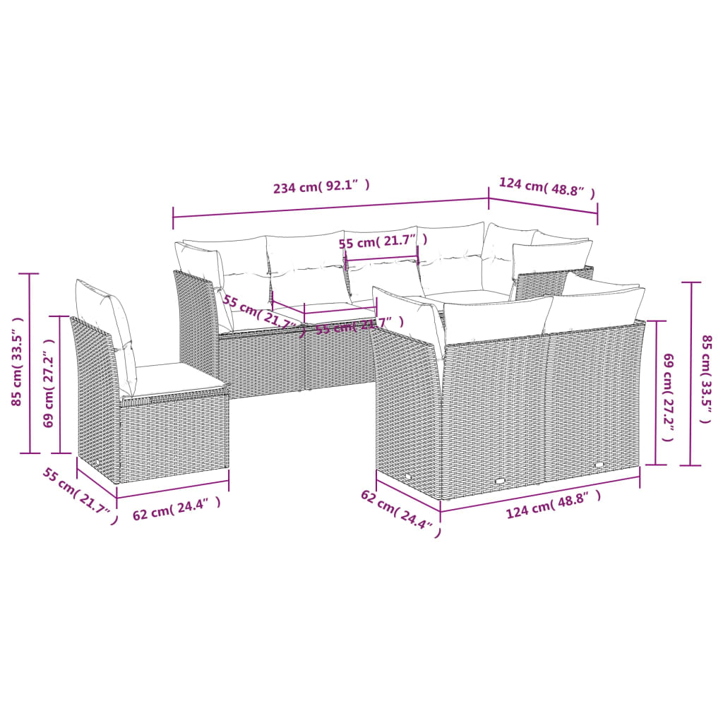Set Divani da Giardino 8 pz con Cuscini Grigio in Polyrattan