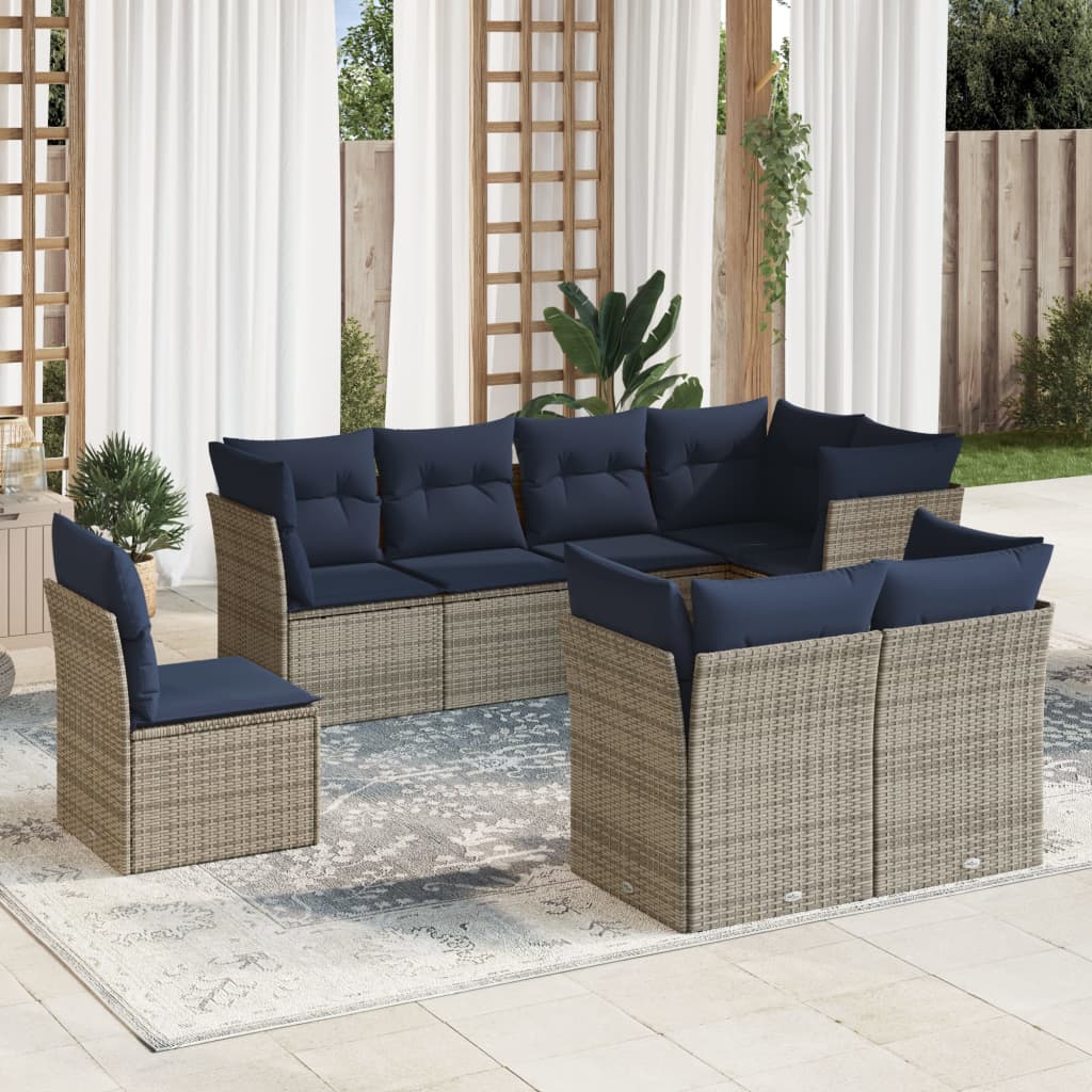 Set Divani da Giardino 8 pz con Cuscini Grigio in Polyrattan