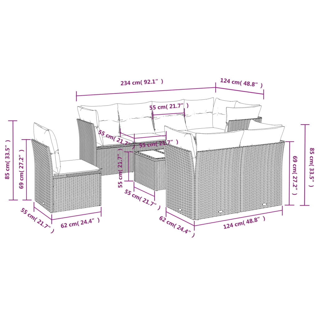 Set Divani da Giardino 9 pz con Cuscini Grigio in Polyrattan
