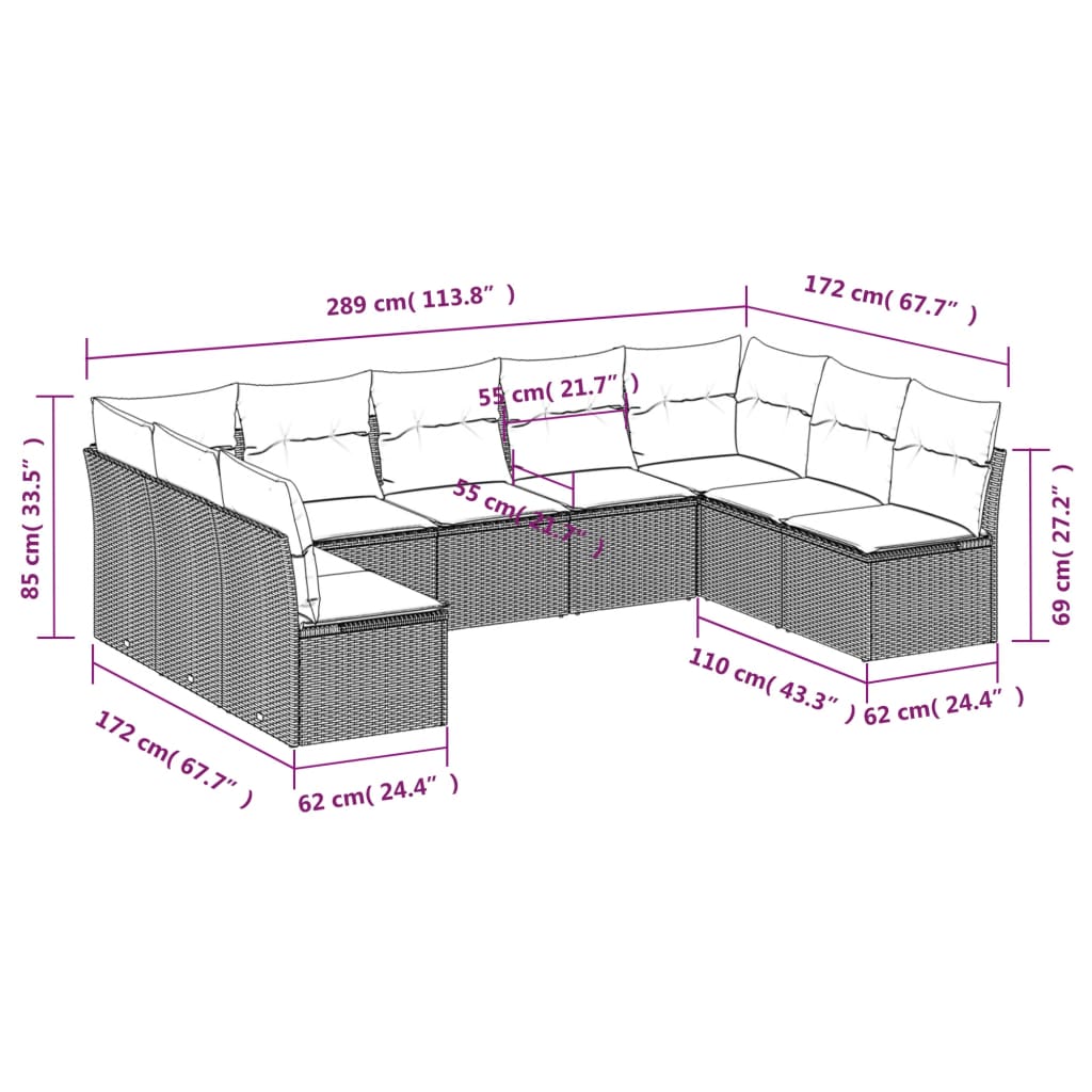 Set Divani da Giardino 9 pz con Cuscini Grigio in Polyrattan